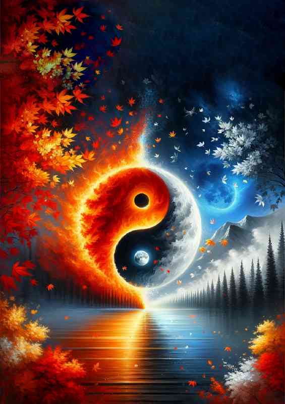 Yin and Yang symbol with a fusion of fiery autumn leaves | Metal Poster