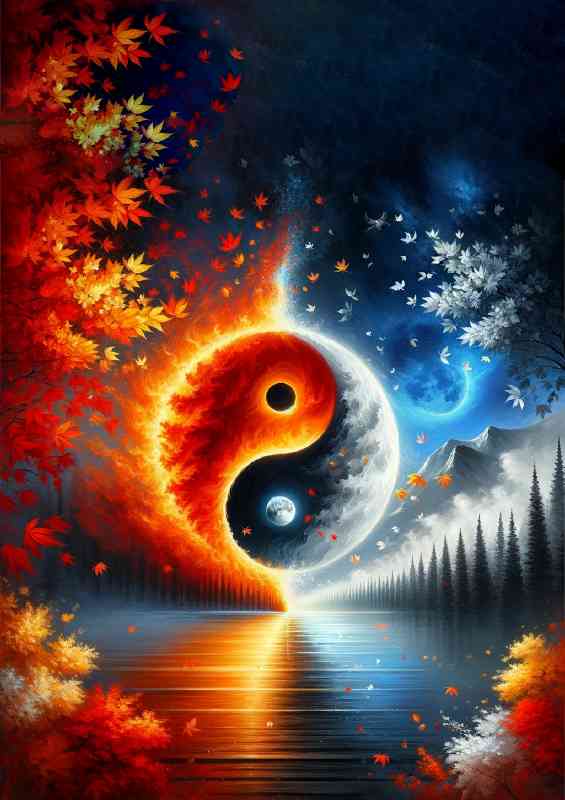 Yin and Yang symbol with a fusion of fiery autumn leaves