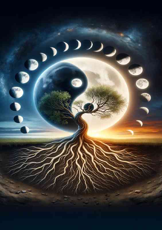 Yin and Yang symbol with the life cycle of a tree depicting its roots