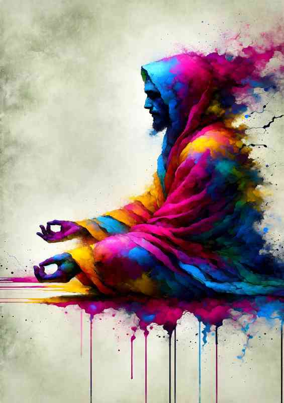 contemplative figure in meditation draped in robes of rich magenta