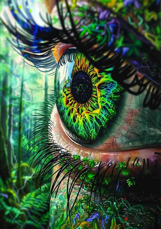 Close up of an eye with trees and plants growing
