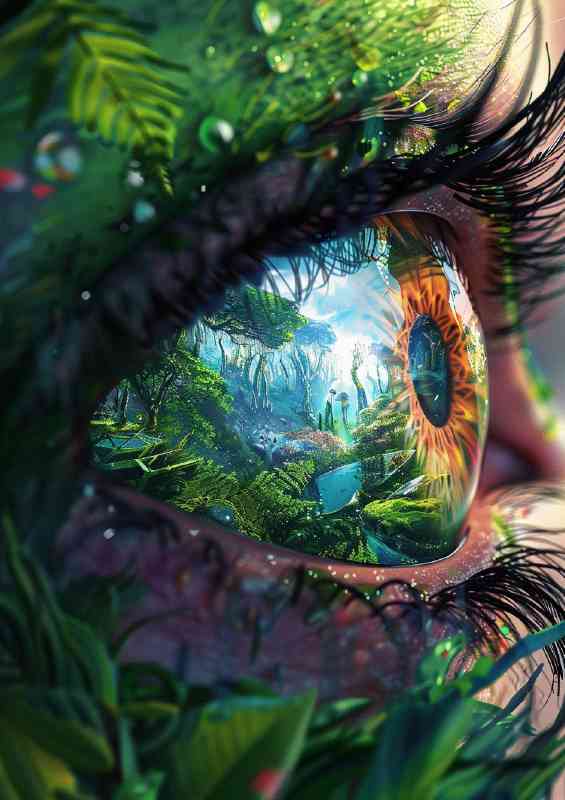 Closeup of an eye reflects the vibrant colors and jungle
