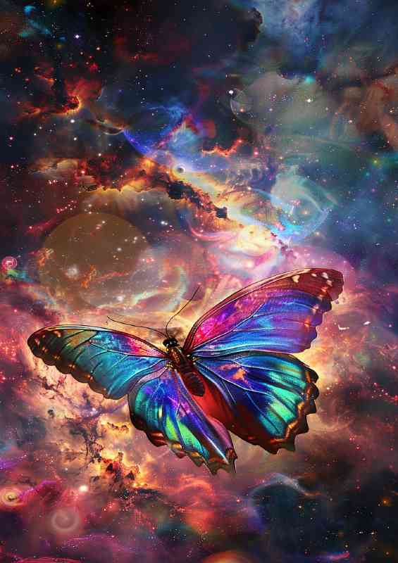 Butterfly with vibrant colors flying in the cosmos