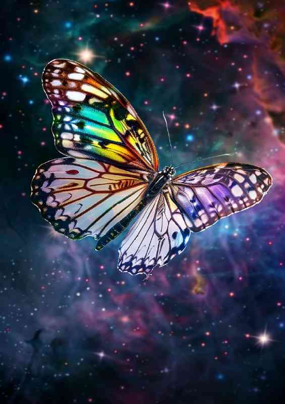 Butterfly with vibrant colors set against the galaxy