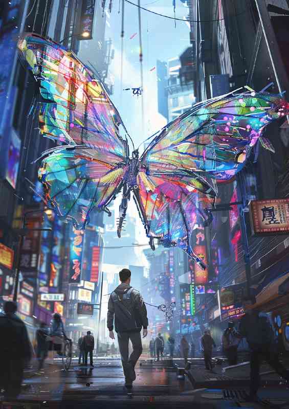 Man walks down the street with colorful butterfly