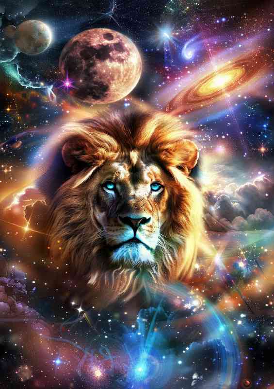 Beautiful Lion in the center of space planets | Metal Poster