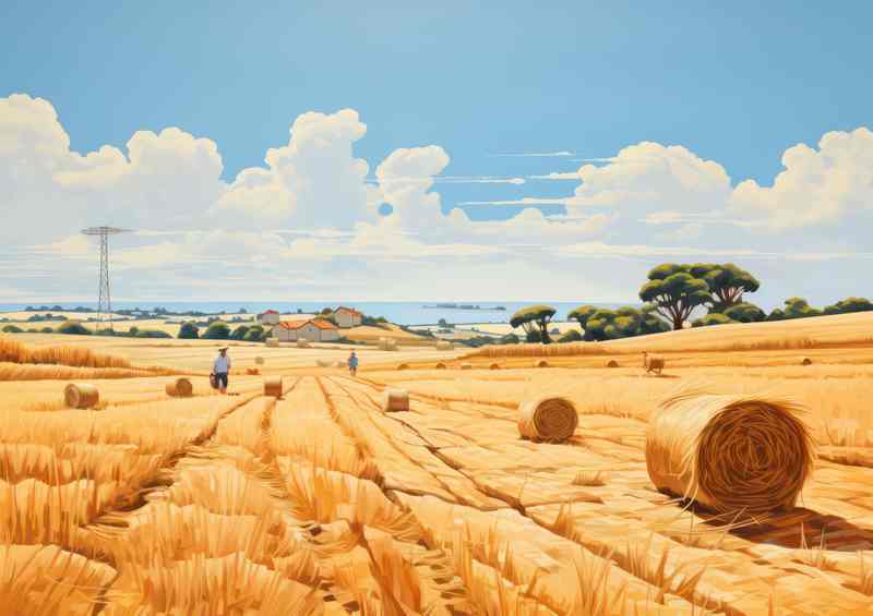 Picturesque Harvest Golden Hay Bales Fields