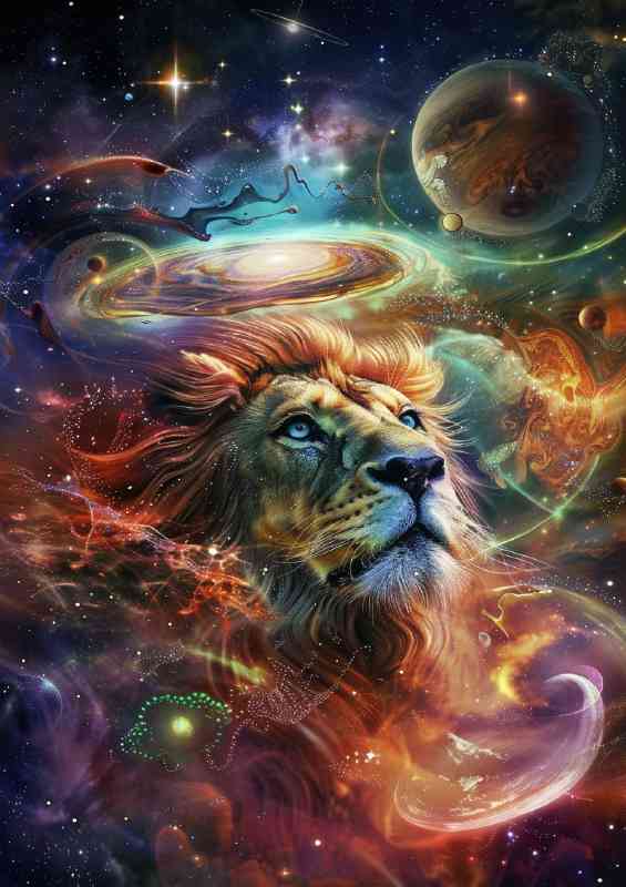 Lion in the center of space planets and swirls