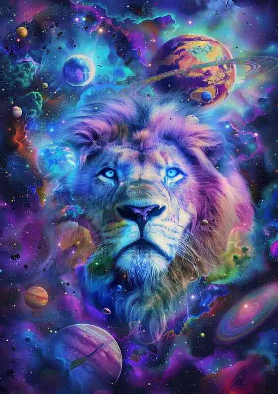 Lion with blue eyes in the center of a colorful galaxy