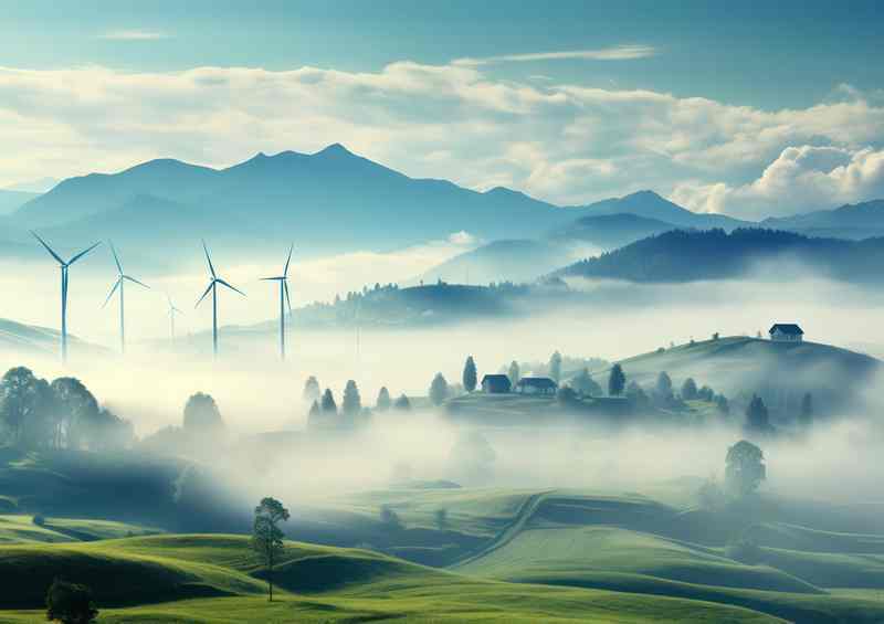 Picturesque Rural Tale Mist And Turbines