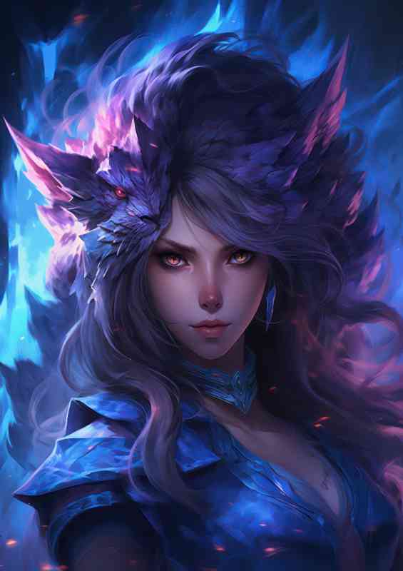 Female character wearing a blue and purple costume