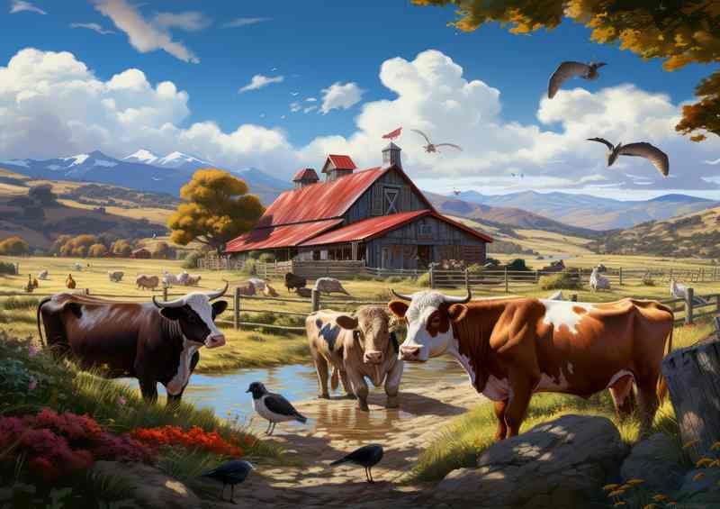 Rustic Charm Cows Roaming Classic Farm