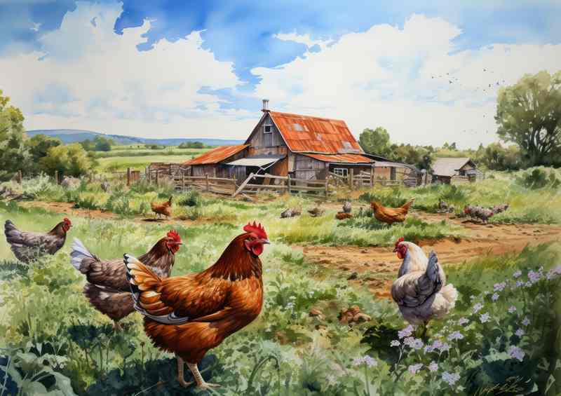 Rustic Farmyard Classic Chickens Countryside Scene