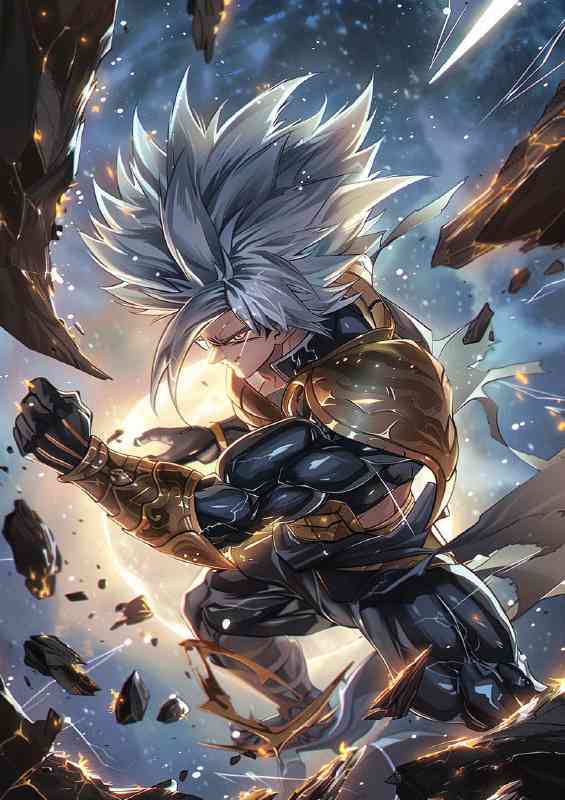 Goku in black and gold armor silver spiky hair