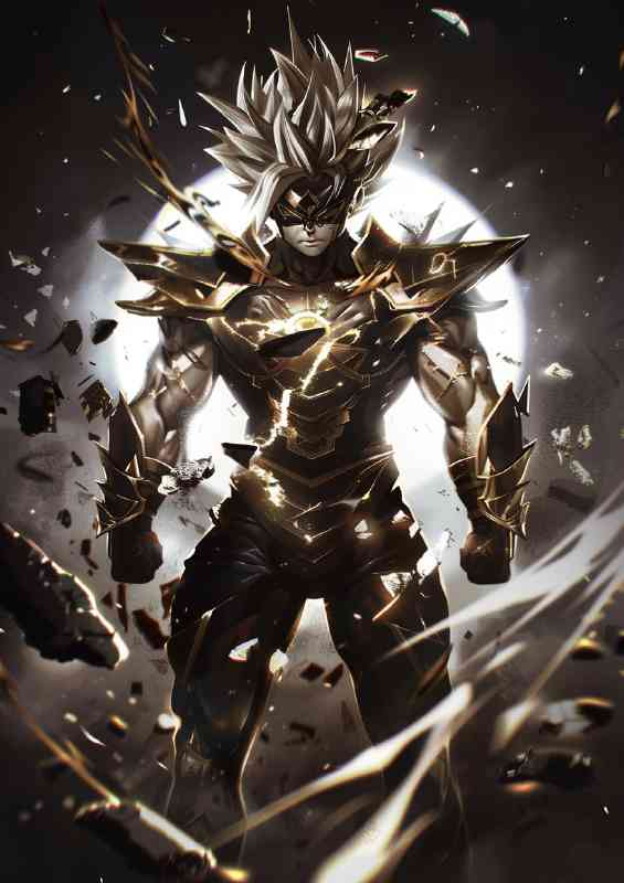 Goku wearing black and gold armor with silver accents