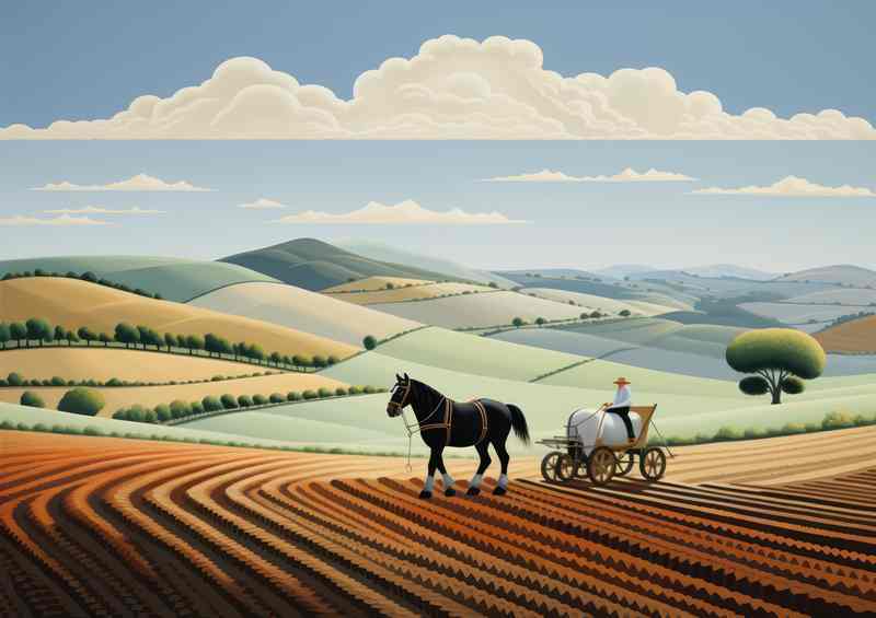 Rustic Fields Horse Ploughing field scene