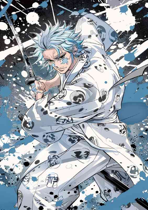 Gray blue hair wearing a white suit