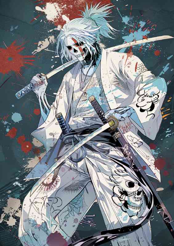 Gray blue hair wearing a white suit with Japanese
