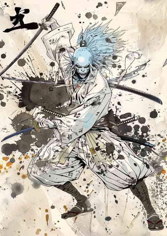 Gray blue hair with samuri swords