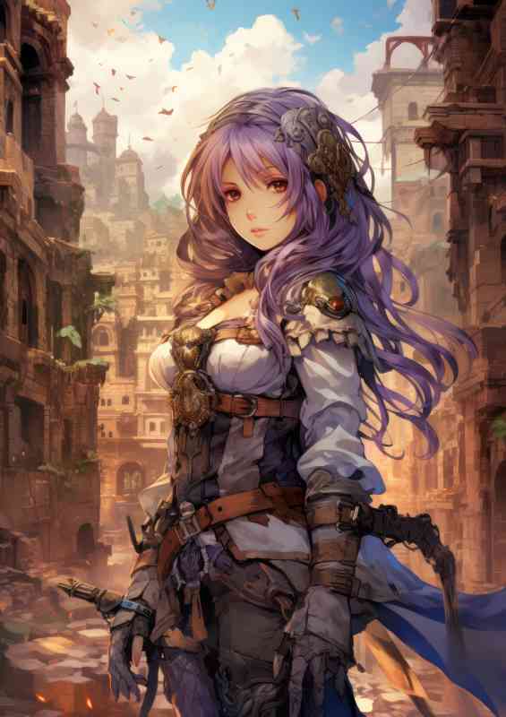Lady with purple hair holding wepons ready
