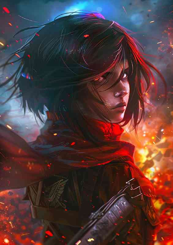 Mikasa Ackerman anime style art fire background