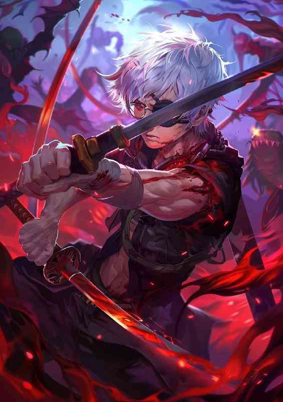 Muscular anime boy with silver hair and round glass