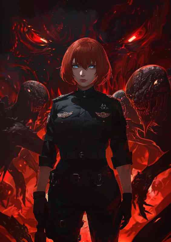 Red haired woman with short hair in a black uniform