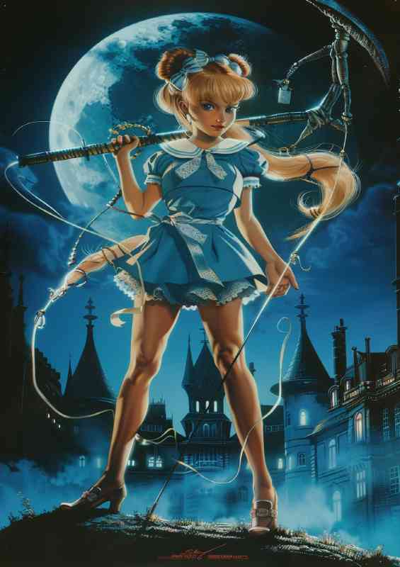 1980s girl in blue dress slaying vampiers and zombies