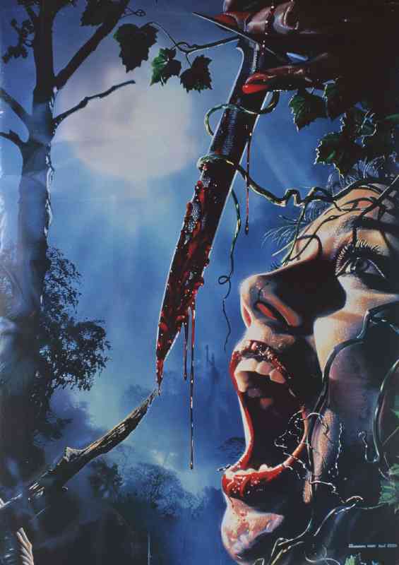 1980s horror movie poster a womans face with open blade