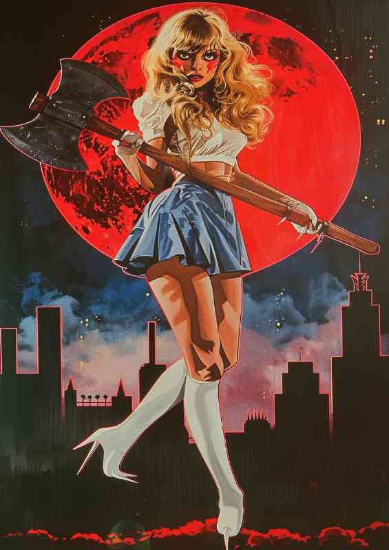1980s movie poster woman with big axe