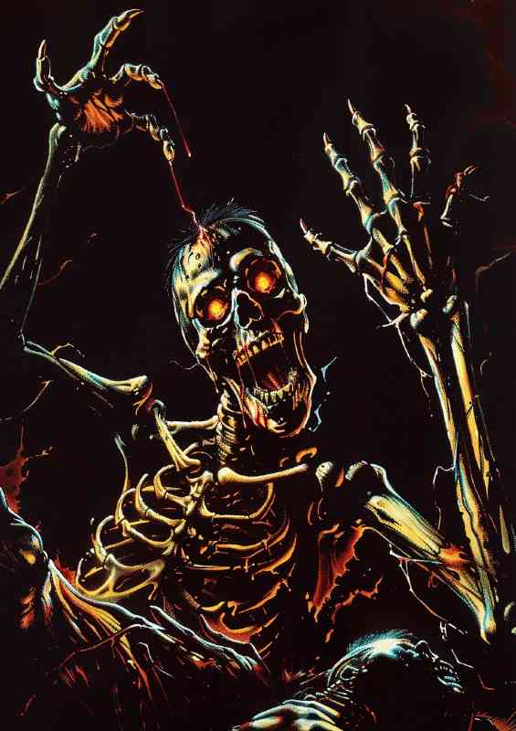 80s horror cover art scary skeleton with glowing eyes