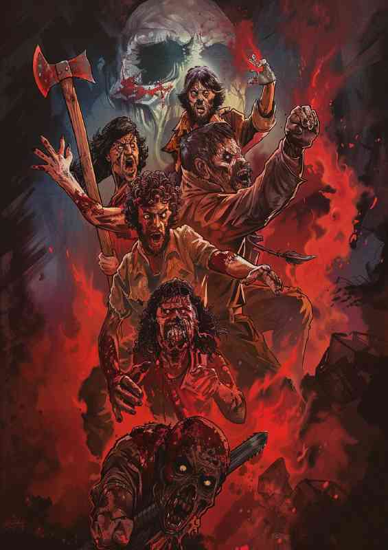 80s horror movie poster zombies and axes