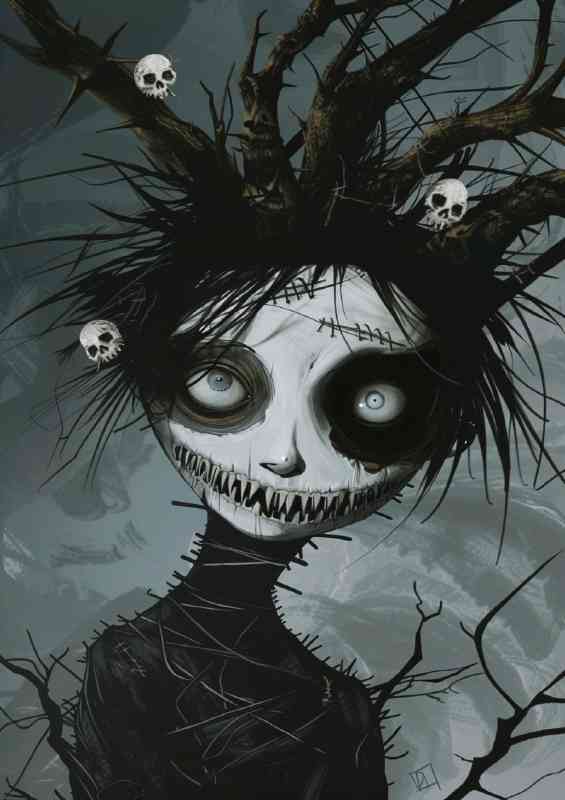 An eerie character eyes and skulls
