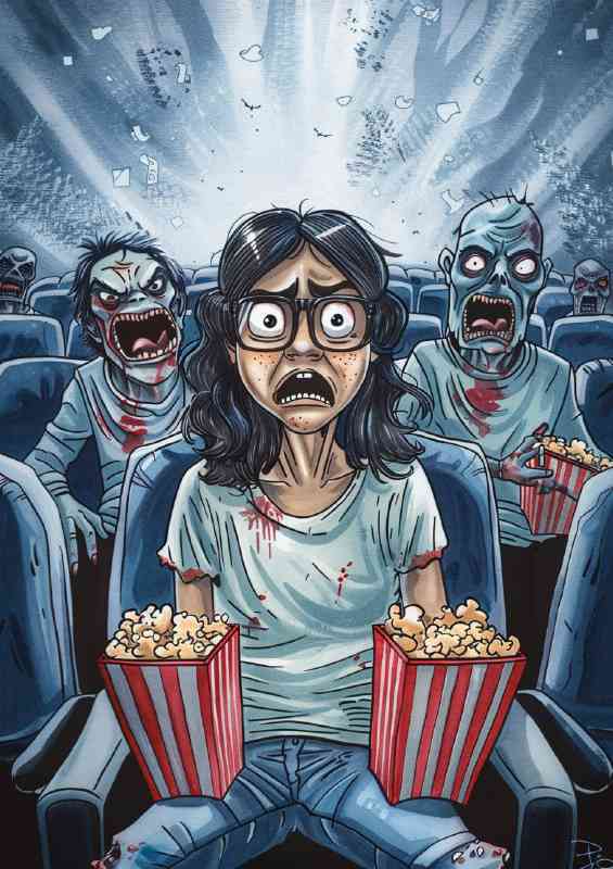 Caricature of an woman with glasses sitting in movies | Metal Poster