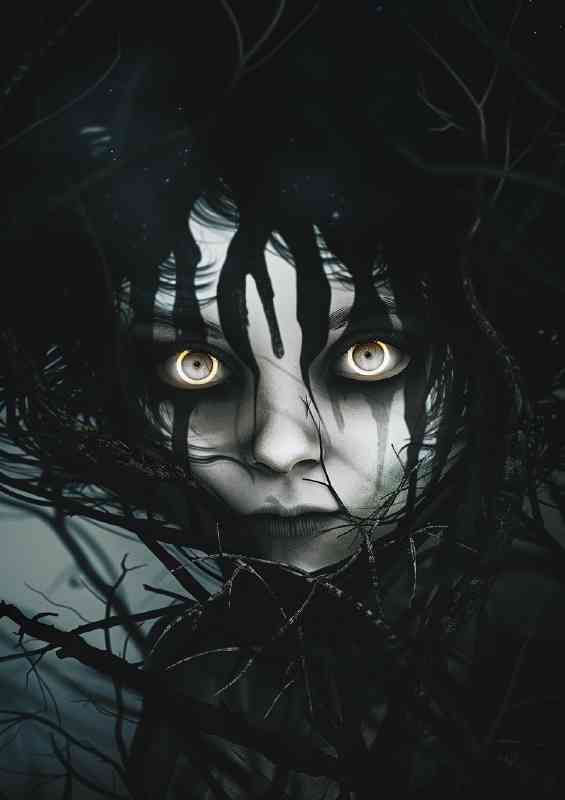 Face with black hair and white stripes with big eyes