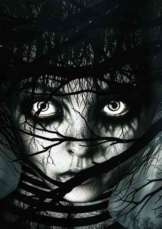 Face with black hair tangles in the trees