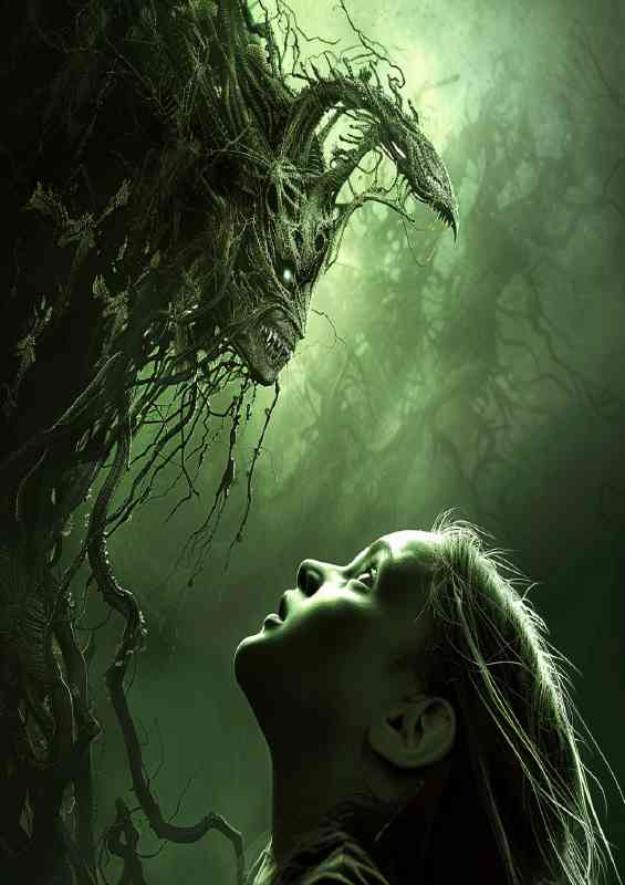 Girl with long hair is looking up at the demon
