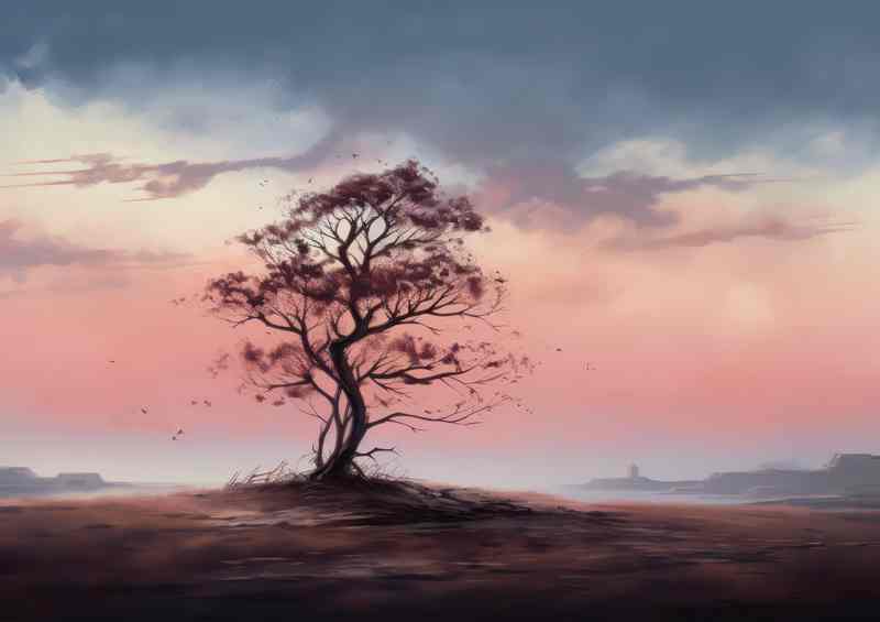 A Solirtary tree in the evening sky painted style