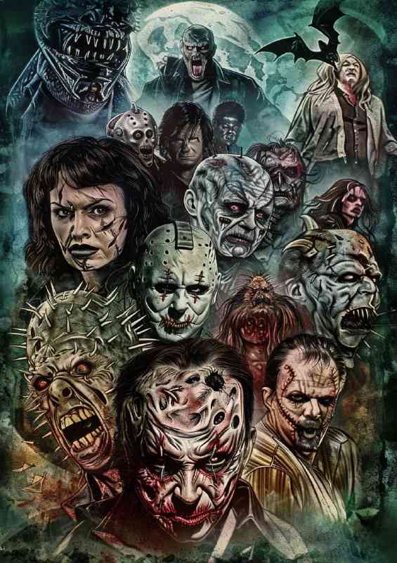 Horror movie characters in an airbrushed style