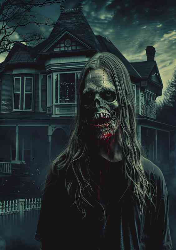 Horror movie poster of zombie with long hair