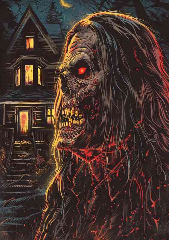 Man with long hair and red eyes zombie