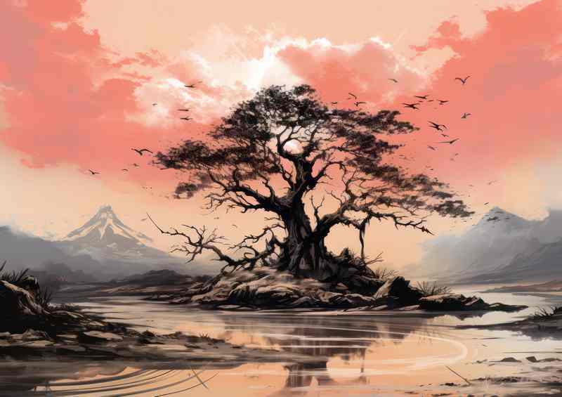 A lone Tree on a moat island with pink skys at dusk