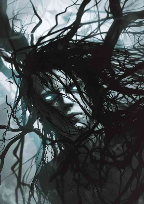 Monster with black hair and white skin glowing eyes