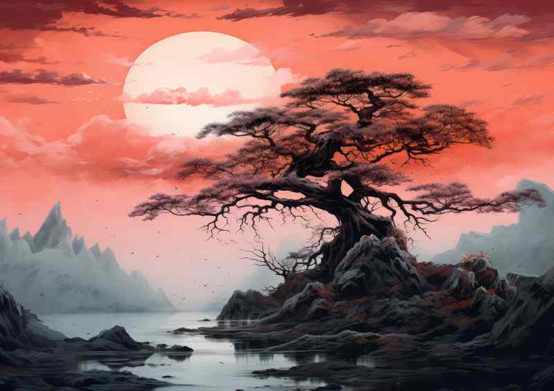 Lone single tree with full moon and a river by the side