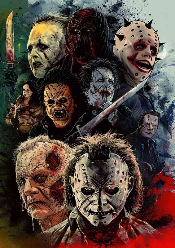 Posters of horror movie characters in an airbrushed style