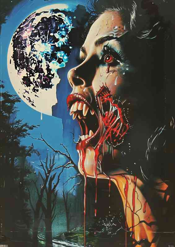 Retro scary movie poster from the 1980s lady vampire