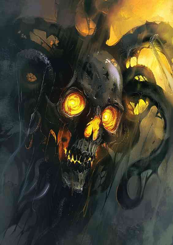 Skull with glowing yellow eyes and black tentacles