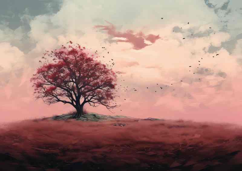 Painted single red tree on a hil top in the wind