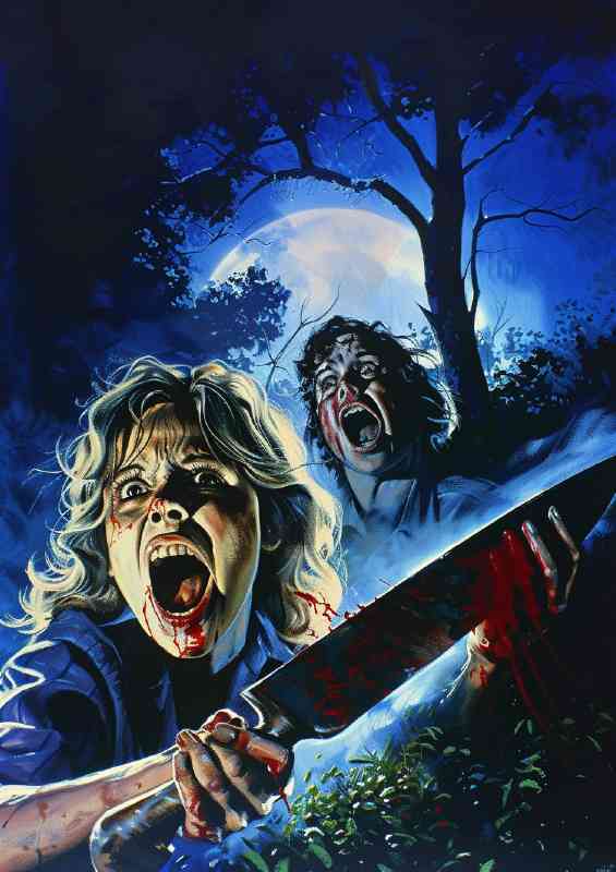 Vintage horror movie poster depicting two people and a blade