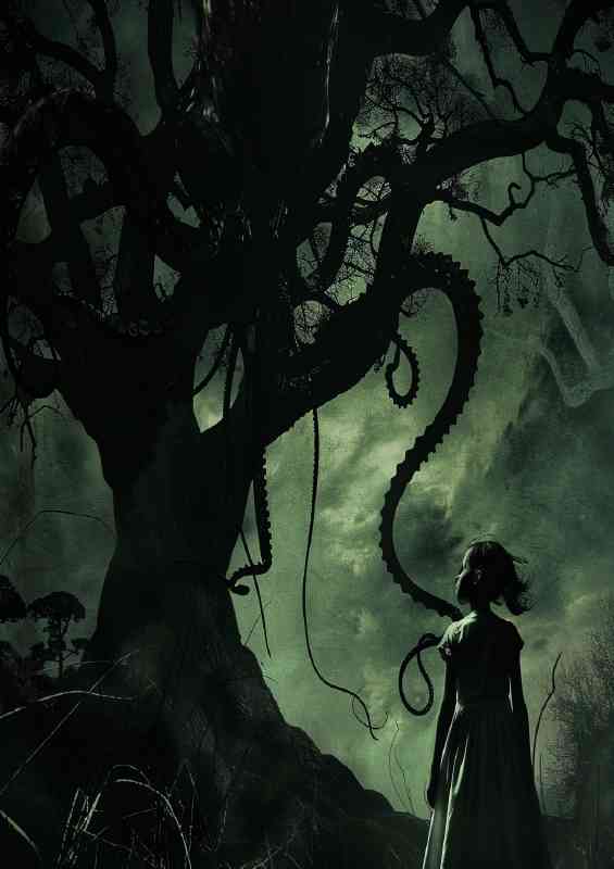 Young girl is standing under the tree her head raised